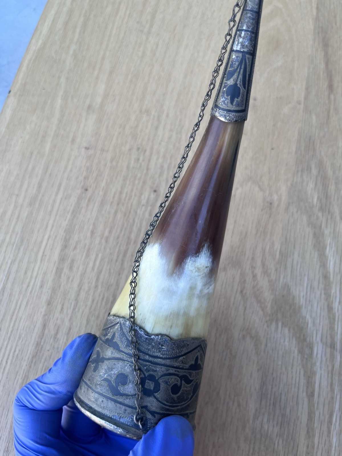 Vintage Russian Viking Caucasian Drinking Horn Sterling Silver Bird Head Chain