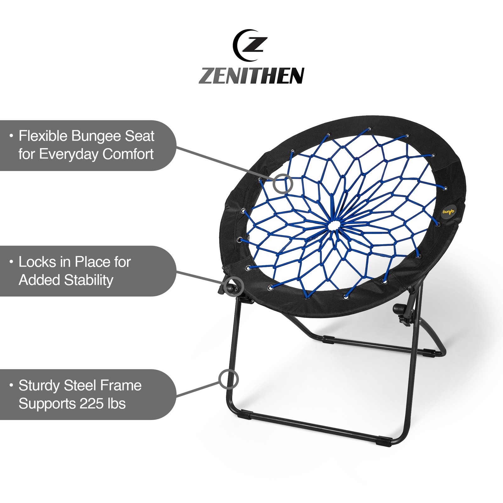 Zenithen Foldable 29” Bunjo Bungee Chair, Indigo (Pack of 1)