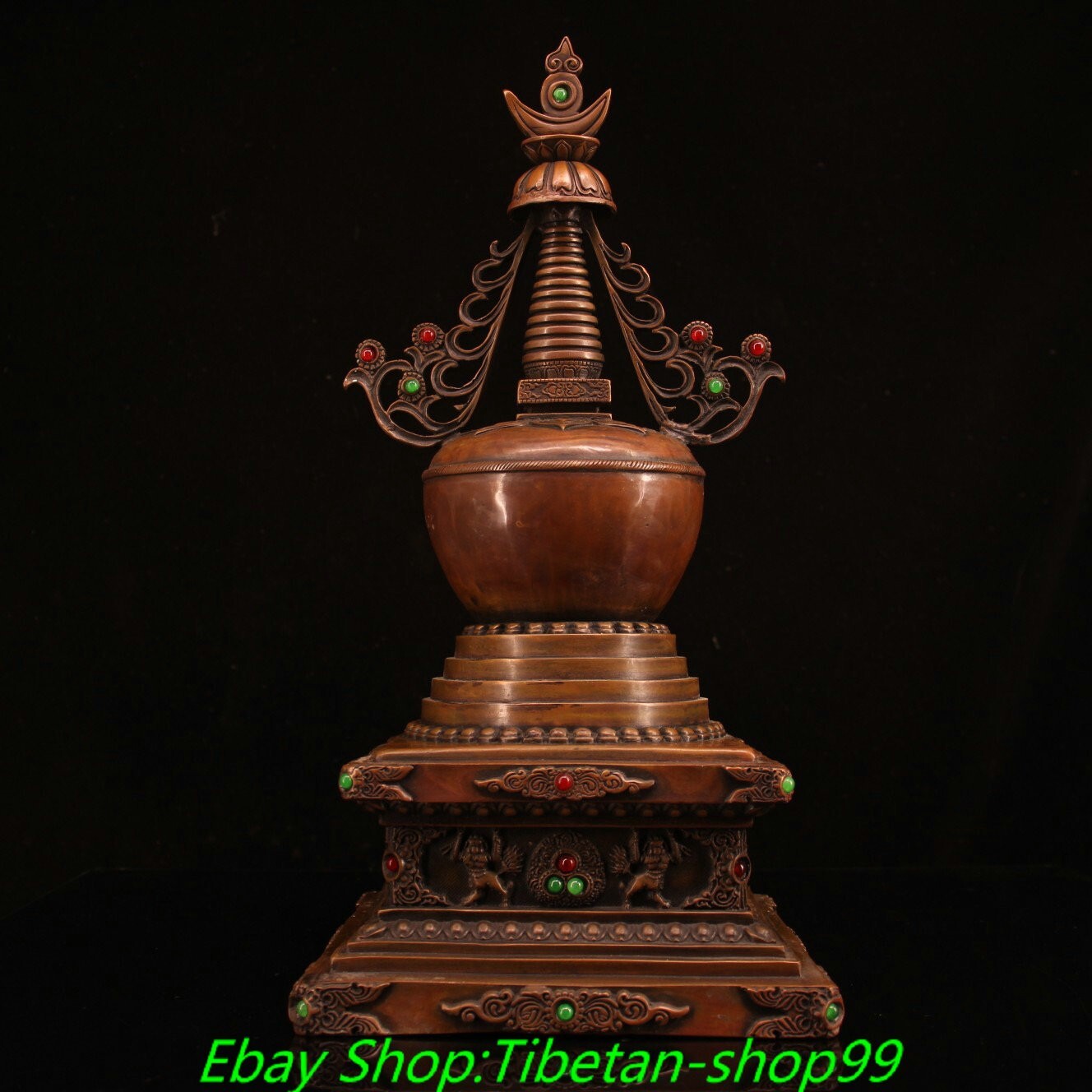 15.7'' Old Tibet Bronze Inlay Gems Shakyamuni Buddha Stupa Pagoda Tower Statue