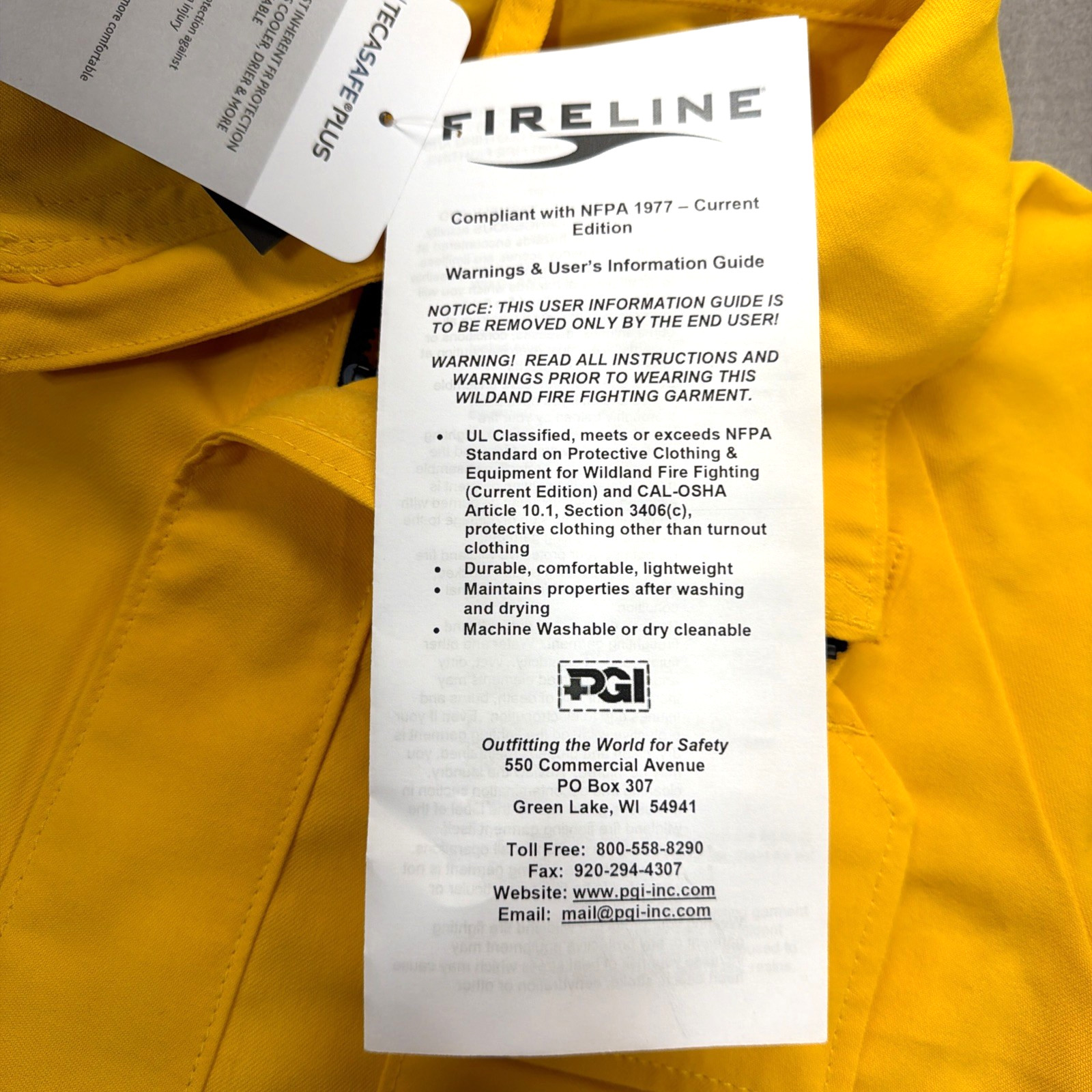 Fireline Smokechaser Deluxe Coat XL Reg 7oz Tecasafe Yellow PGI Shirt Wildland