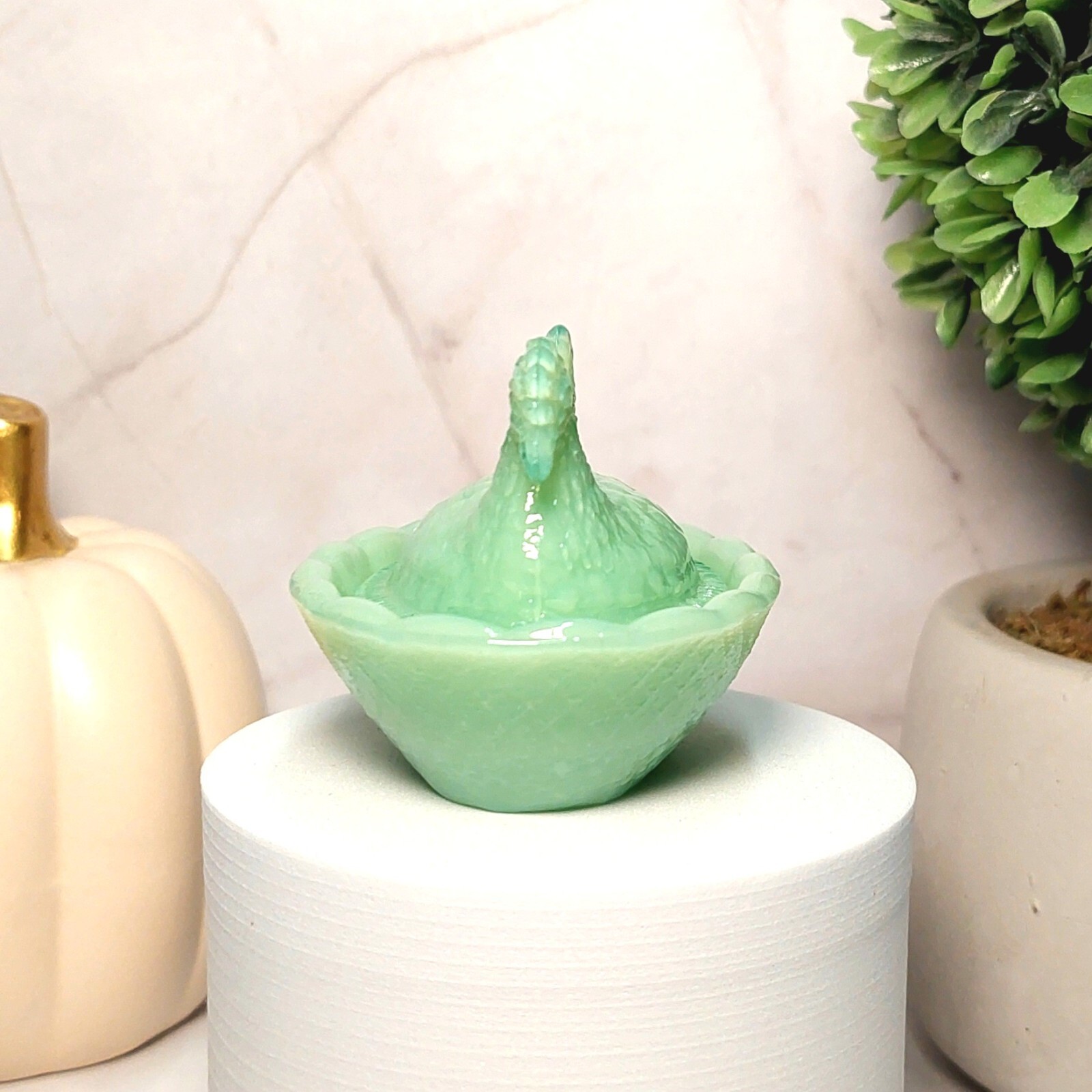 Jadeite Depression Style Glass Hen On Nest Chicken Salt Cellar Dish, VTG Style