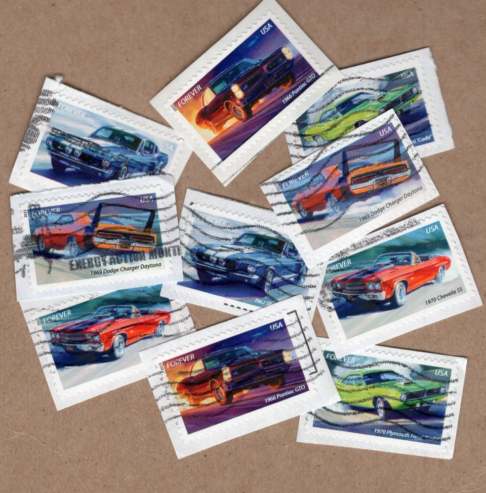 100+ #4743-7 Muscle Cars Stamps, Used, Forever, On Paper