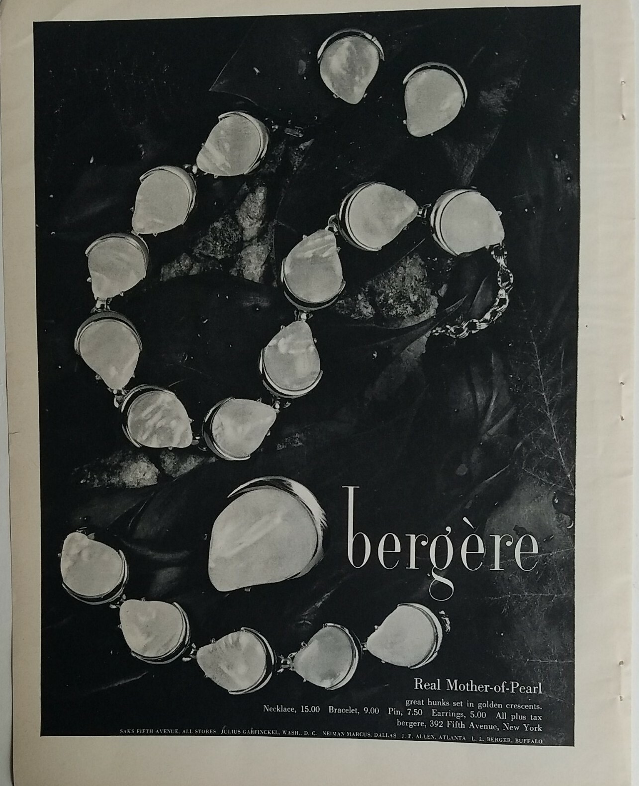 1957 Bergere real mother of pearl bracelet necklace pin vintage jewelry ad