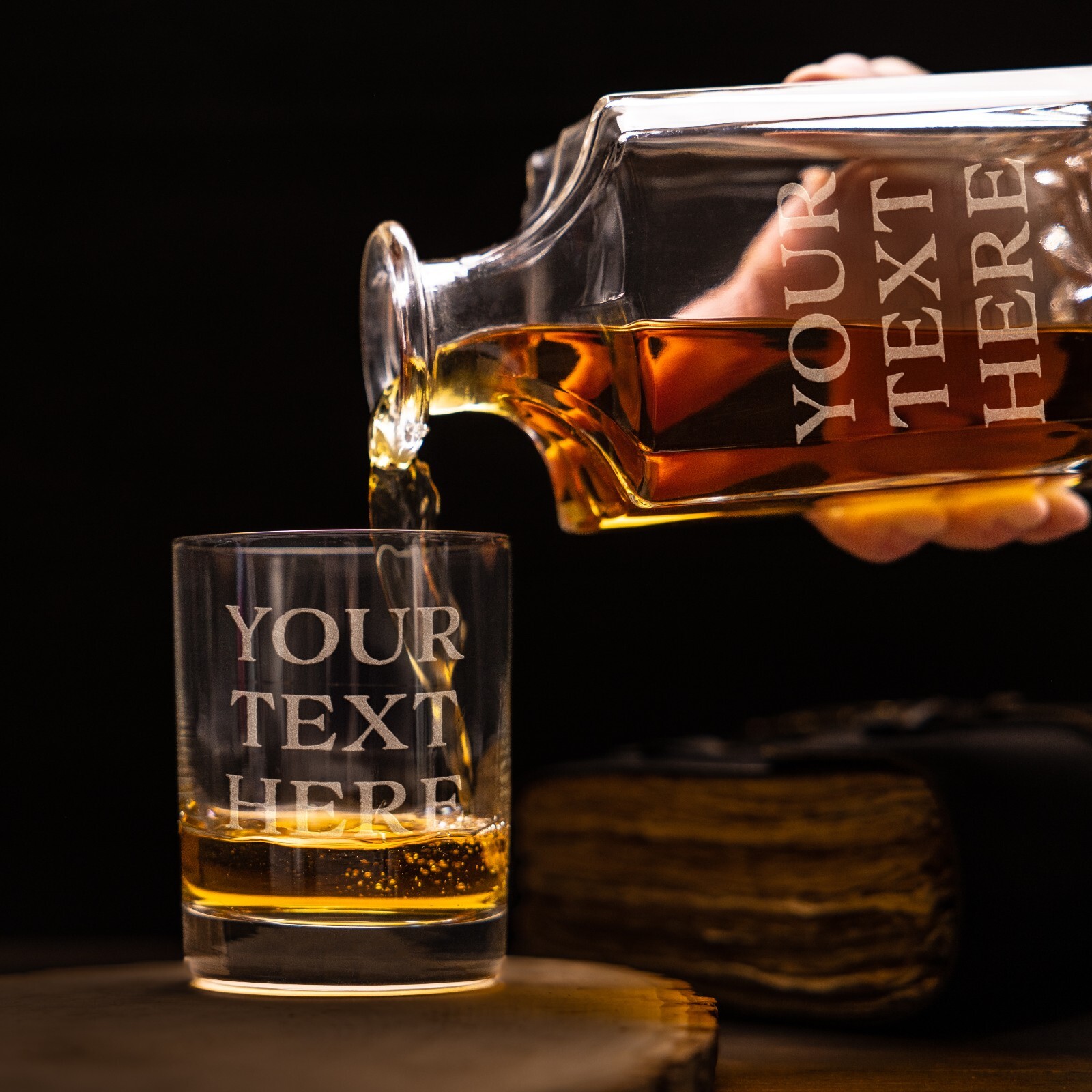 Custom Text Whiskey Decanter & Drinking Glasses Set - Engraved Whisky Glassware