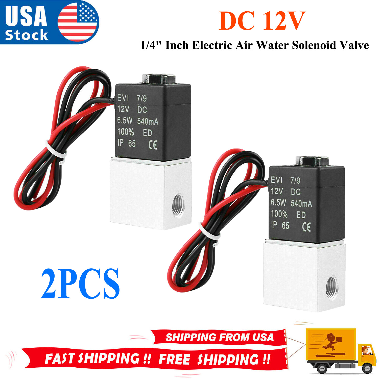 2PCS 1/4" Fast Response Electric Air Water Solenoid Valve 12V DC Normally Closed