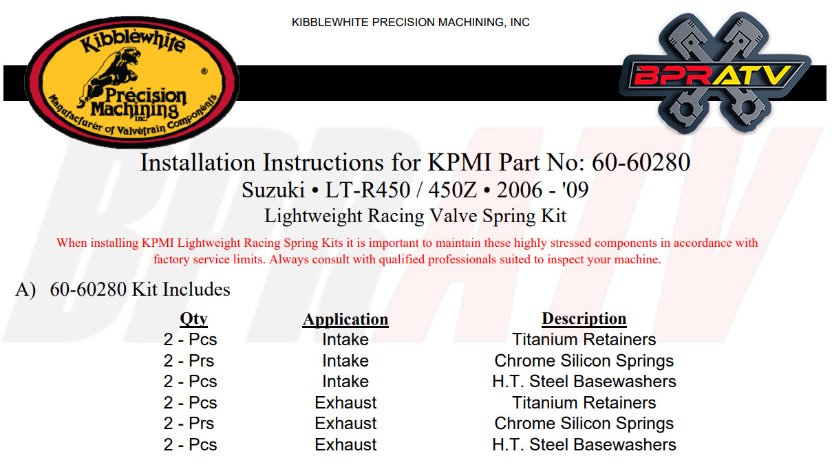 Suzuki LTR450 LTR 450 Kibblewhite Race Intake Exhaust Valves Spring Kit Seals KP