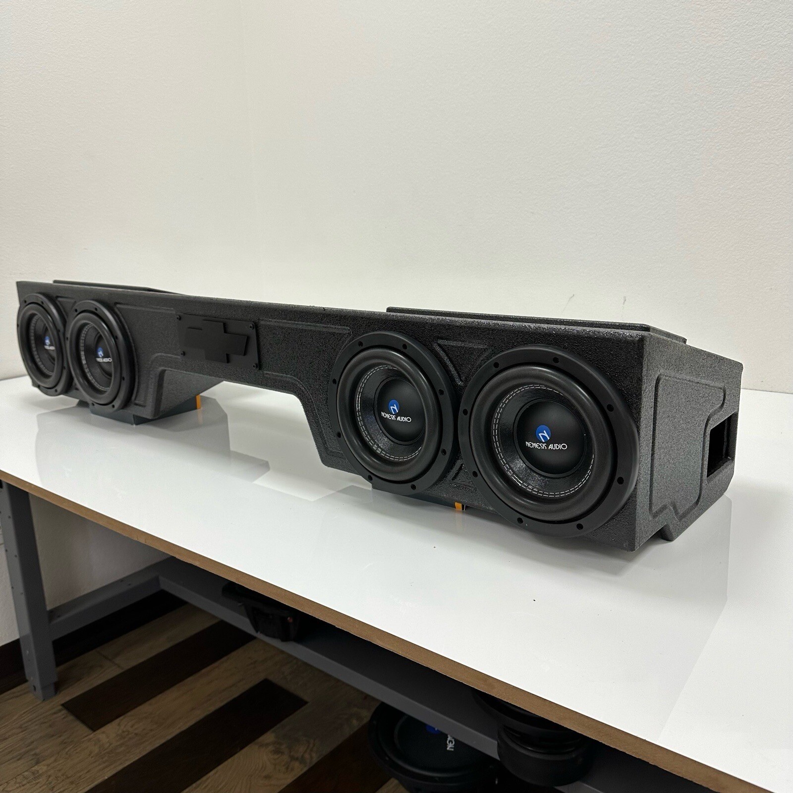 Sub Woofer Box Chevy Silverado 07-18 Ext Cab 4x8 Woofers Front Fire Side Ported