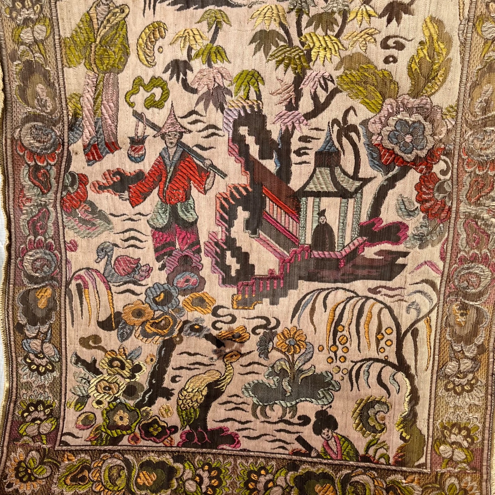 Vintage Asian Silk Hand Embroidered Textile 48 x 17 Panel Runner Pagoda Scene