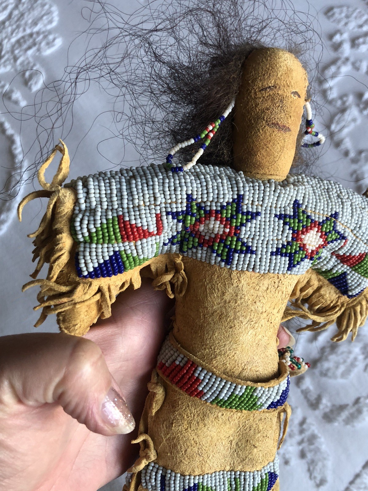 1900s Lakota Native American Handmade, 12” Doll, Finely Beaded, Human Hair