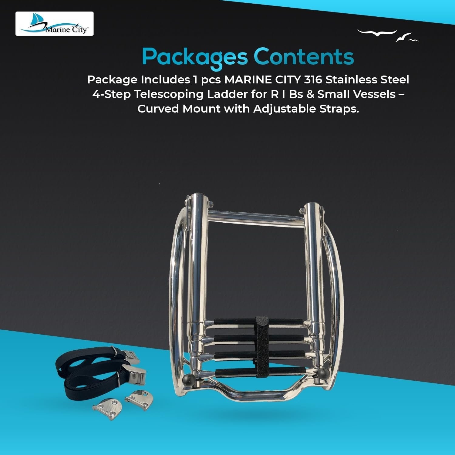 MARINE CITY 4-Step Telescoping Ladder 316 Stainless Steel Curved Mount for RIBs