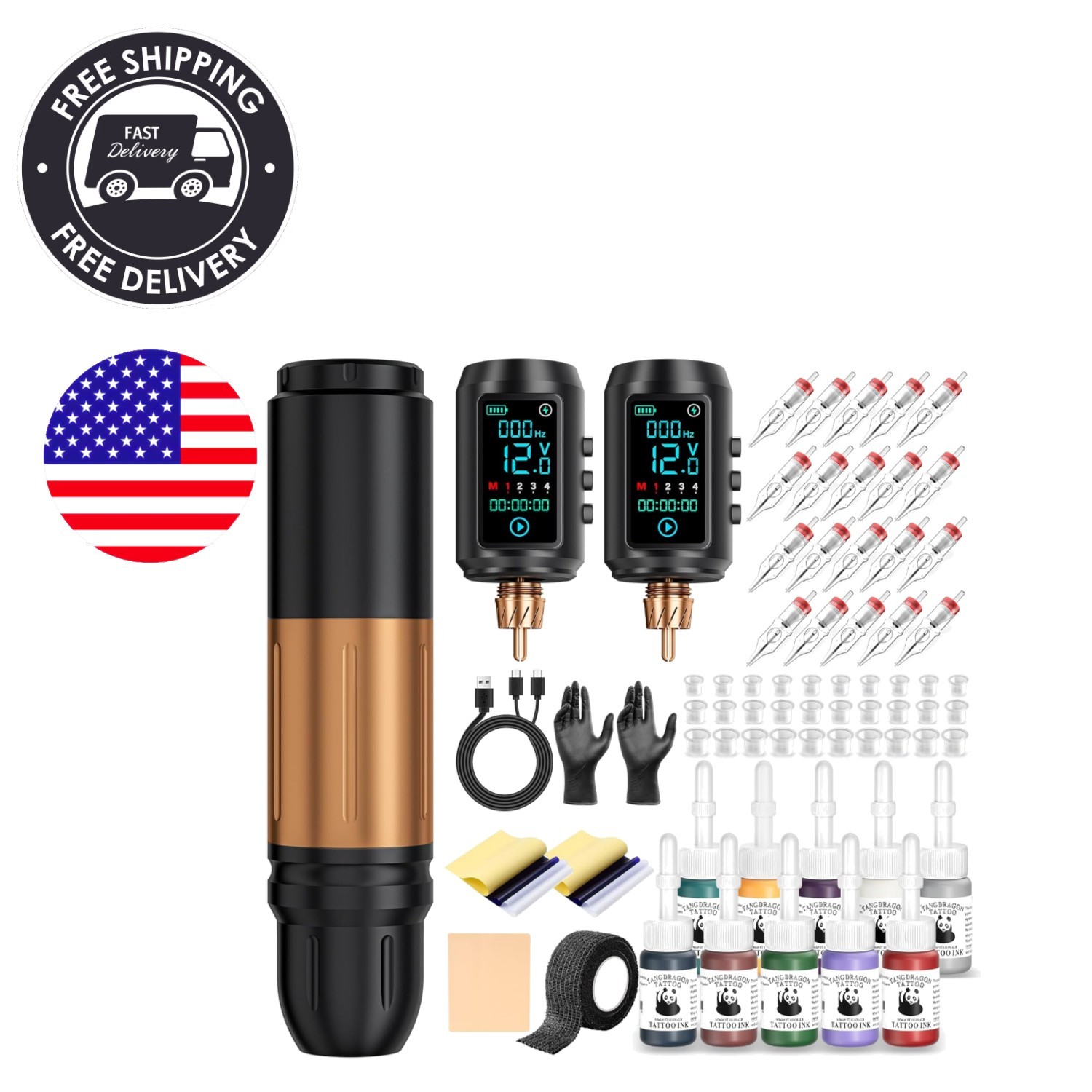 Tattoo Gun Kit Wireless Tattoo Machine Pen Kit with 2Pcs Replaceable battery ...