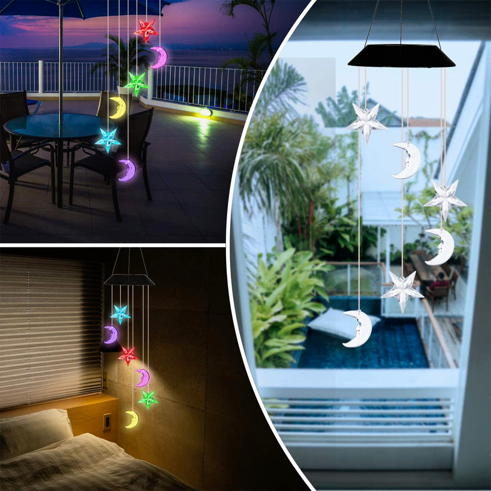 LED Solar Wind Chimes Lights Moon&Star Color Changing Lawn Hanging Lamp Decor US