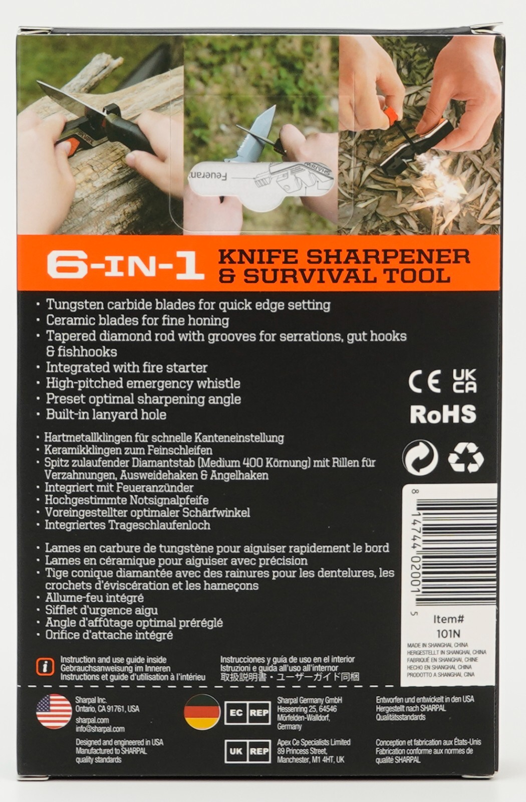 SHARPAL 6-In-1 Pocket Knife Sharpener&Survival Tool, with Fire Starter, Whistle