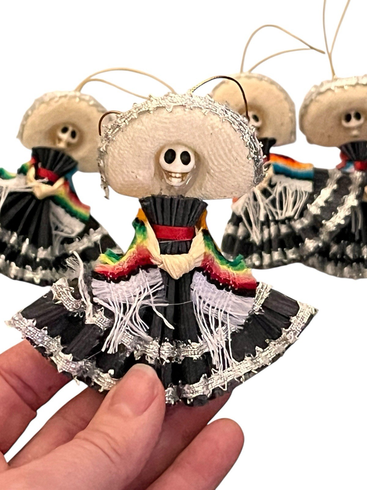 Set (4) CORN HUSK Day of the Dead CATRINA Charra, Mexican Christmas Ornaments