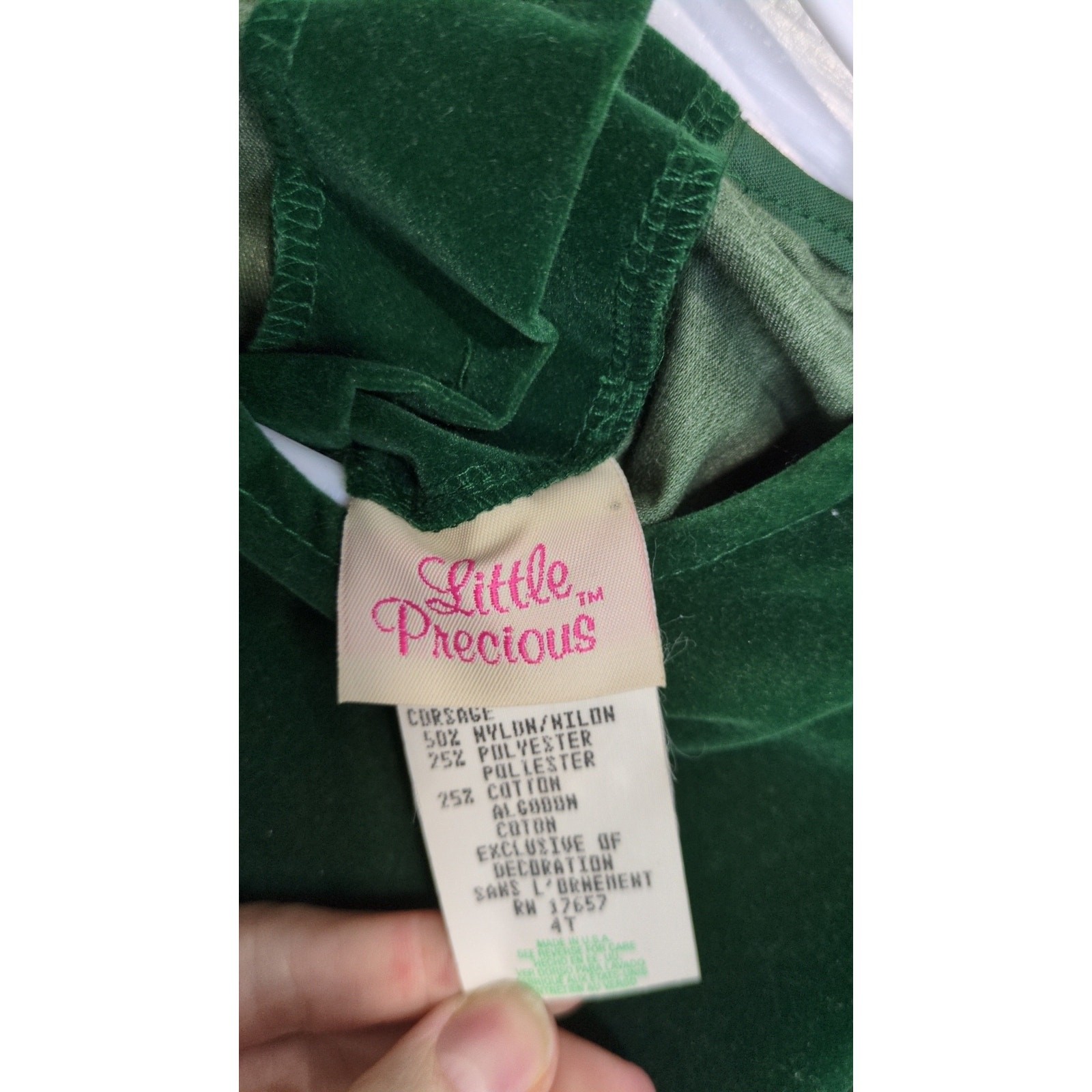 Vintage Retro Paper Tag Green Cream Lace Bow Velvour Short Sleeve Dress 4T