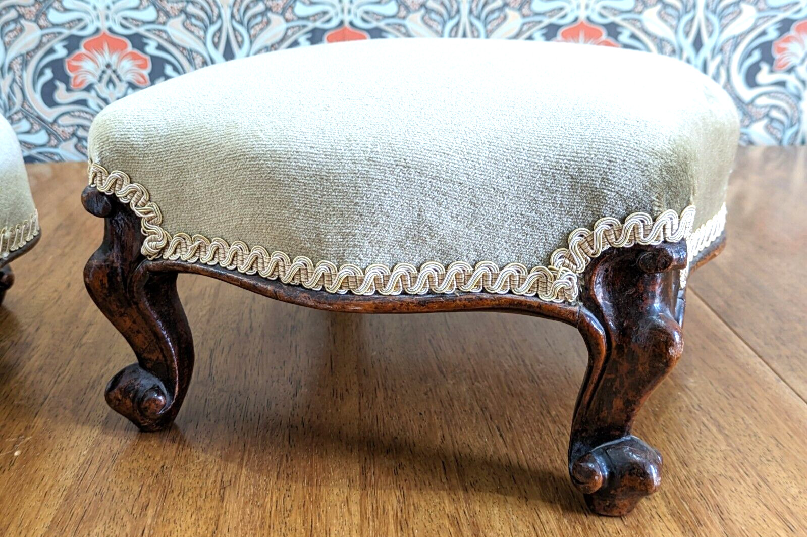 Pair of 19th Century Walnut Wood Cabriole Leg Green Footstools Victorian Antique