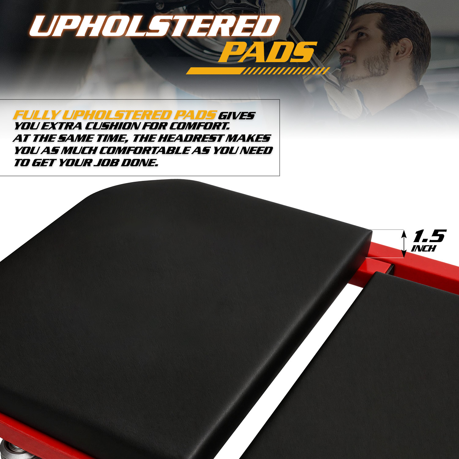 36" Red[FOLDABLE CREEPER+UPHOLSTERED SEAT]Rolling Mechanic Vehicle Repair Stool