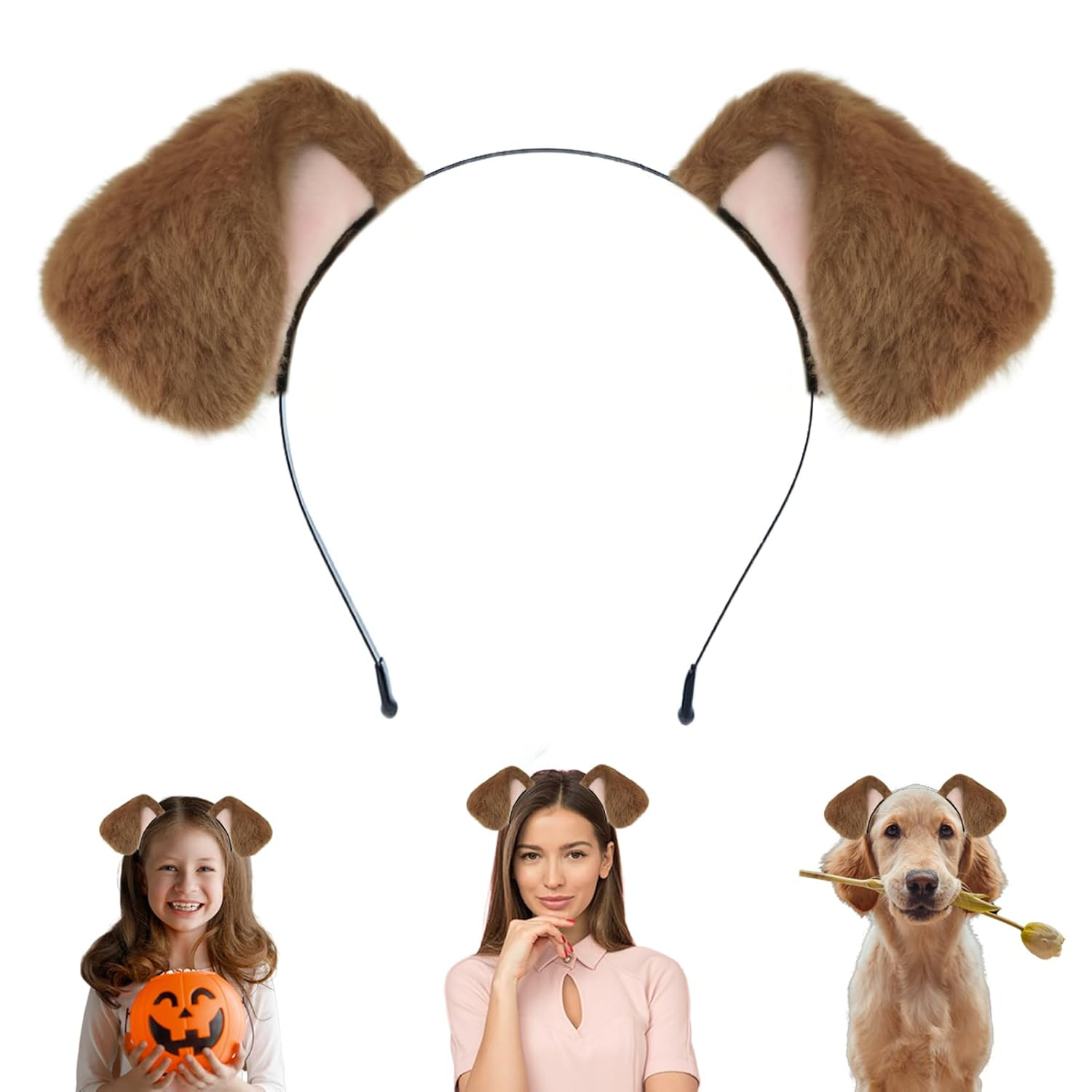Dog Ears Golden Movable, Realistic Animals Ears Headband Brown, Fluffy Cat Bu...
