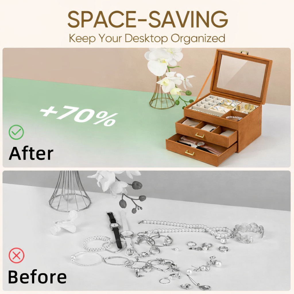 Leather Jewelry Box Organizer with Glass Lid, 3 Drawer Jewelry Storage Case