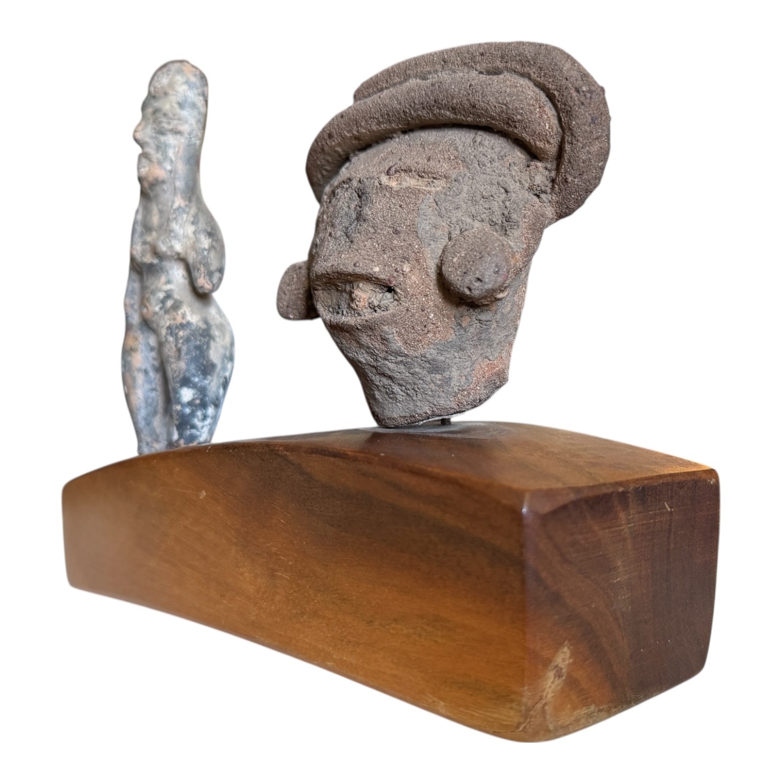 Antique Pre-Columbian Pottery Figural Group Standing Figure & Head on Base