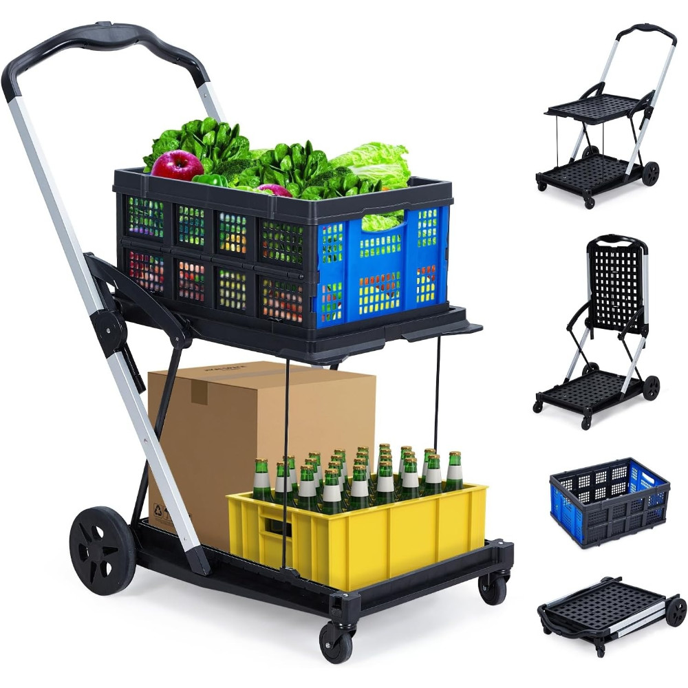 Collapsible Shopping Cart with Wheels & Removable Storage Crate for Supermarket