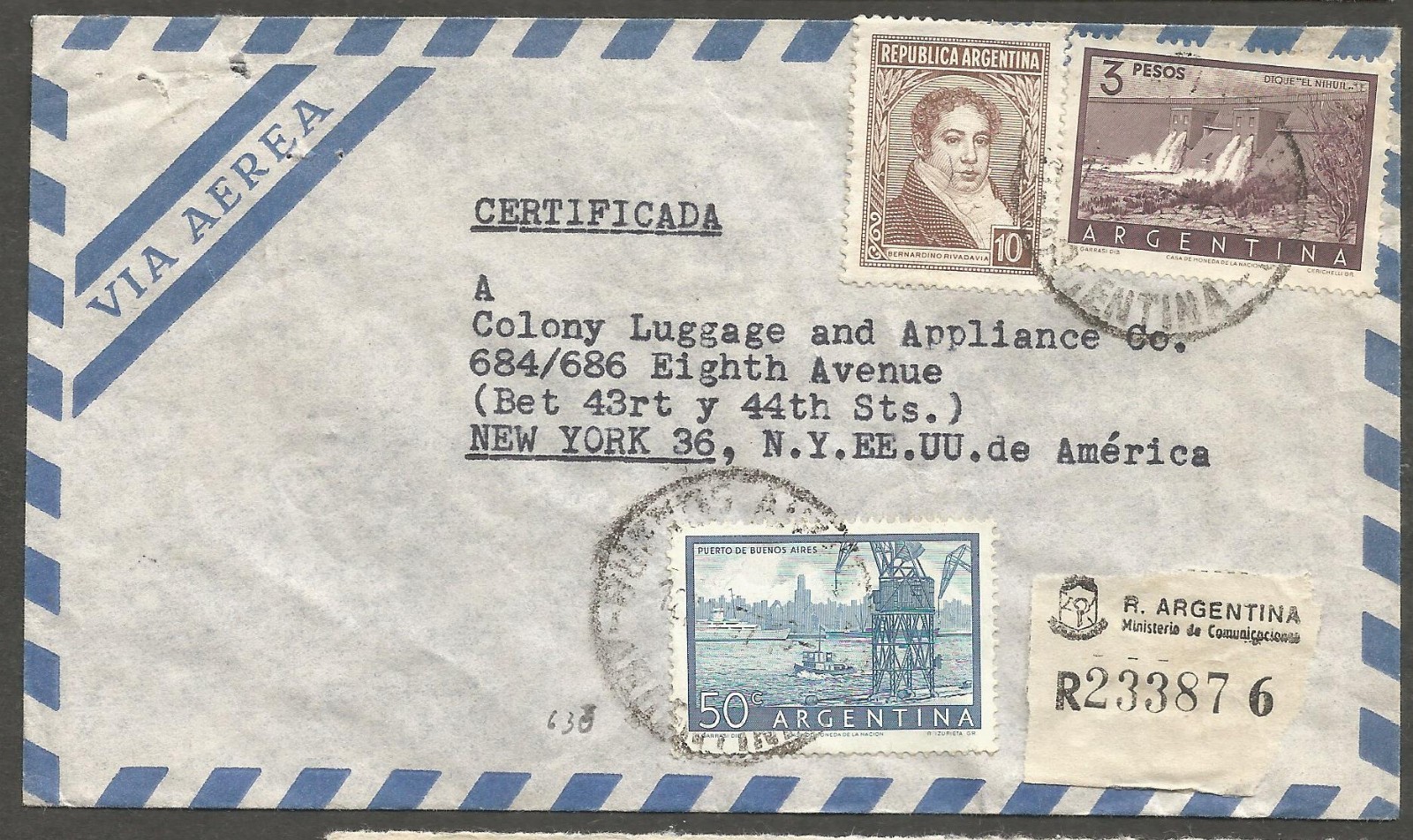 ARGENTINA 1957 Certified Registered Airmail Cover Buenos Aires to USA