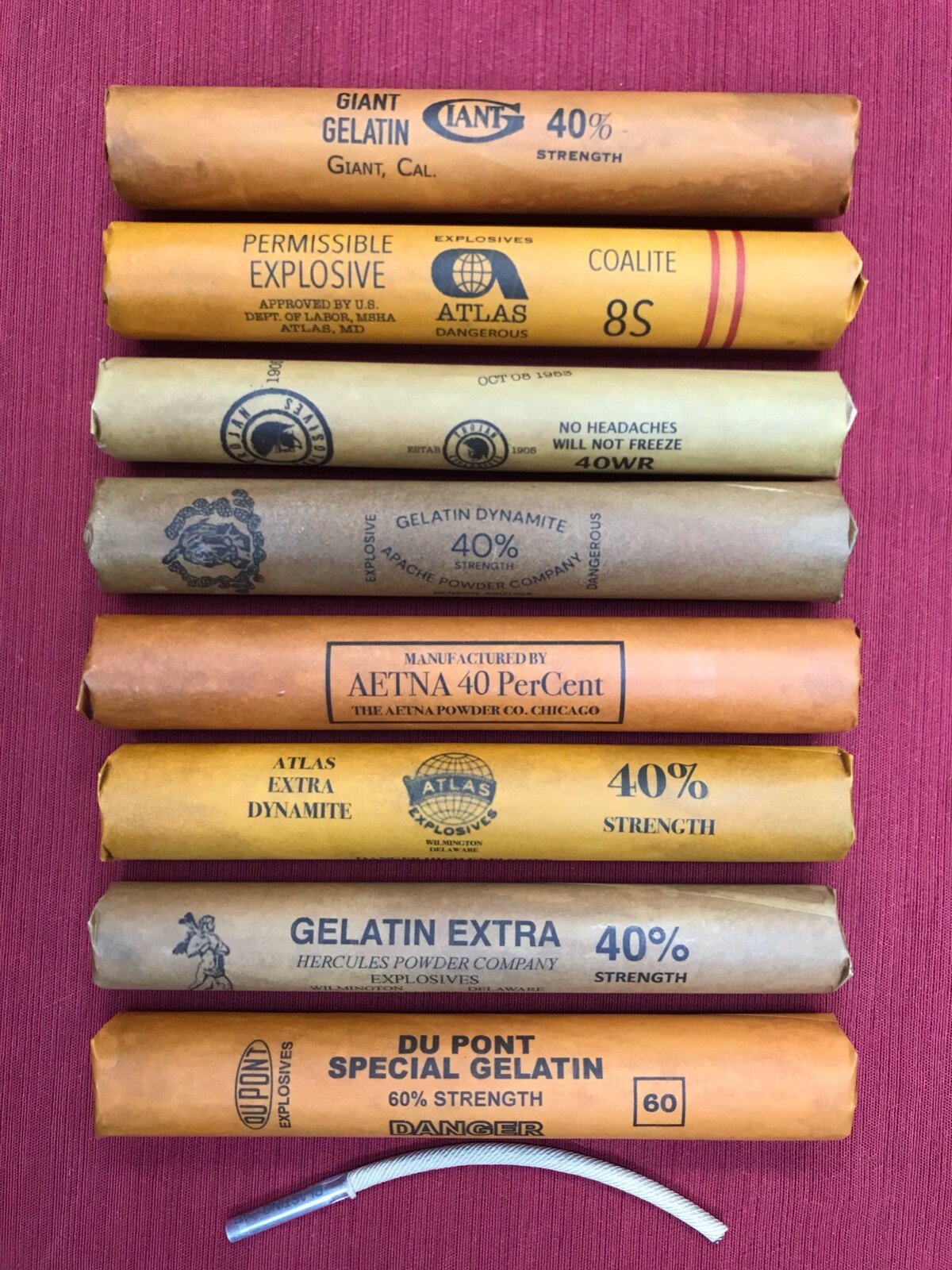 inert dynamite sticks with cap and fuse, set of 8. Great for display, movie prop