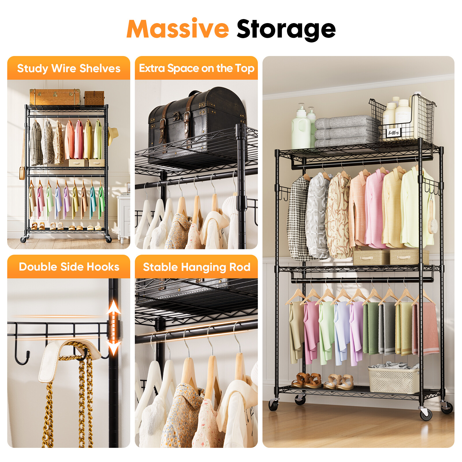 Big Tall Rolling Garment Rack Heavy Duty Double Rails Clothes Rack W/ Wheels