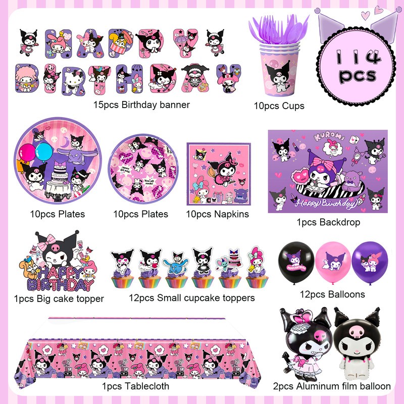 114 Pcs Kuromi Party Decorations Sanrio Birthday Party Plates Balloons Backdrop