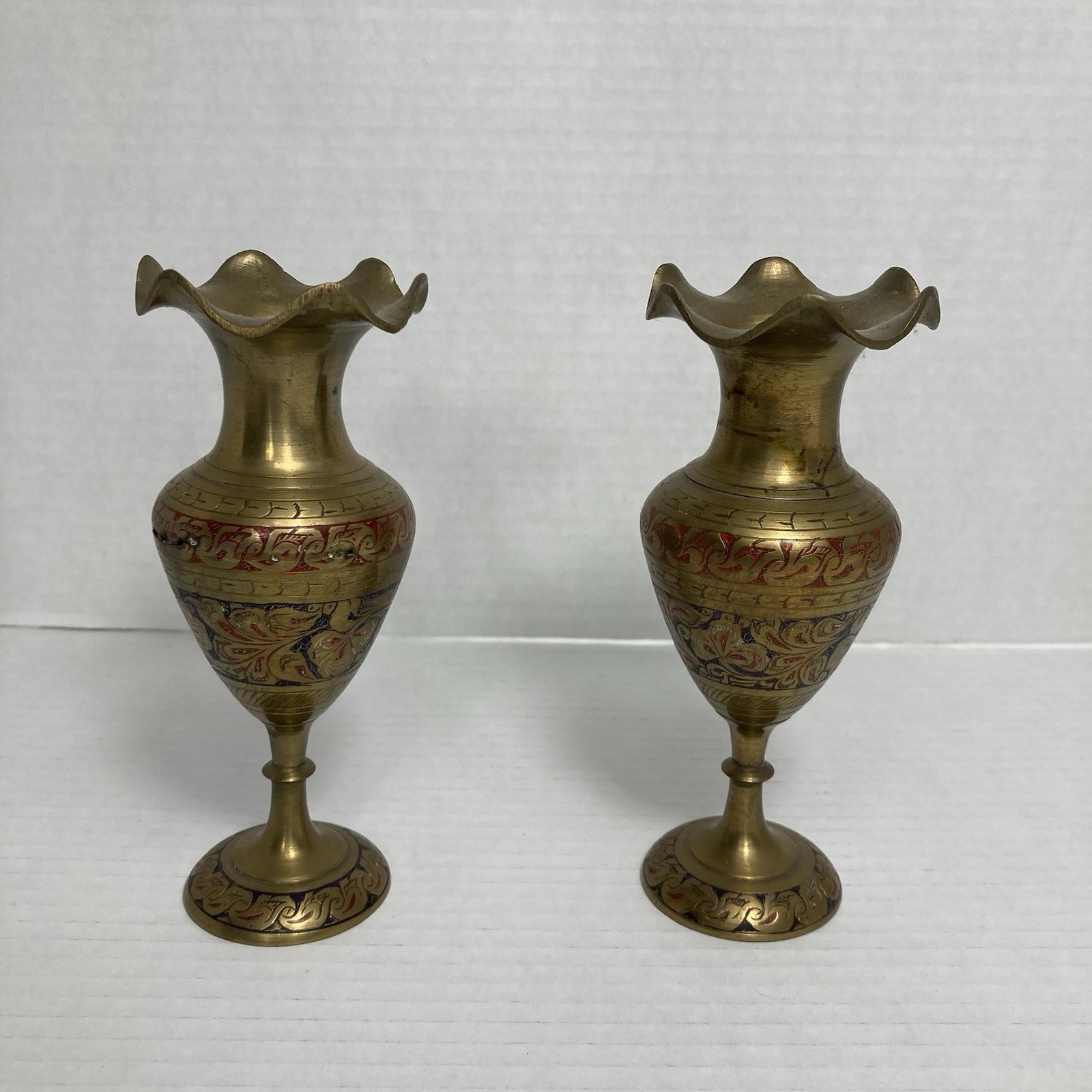 VTG Brass Etched Enameled Vases British India Scalloped Edge 6 In Art Deco MCM