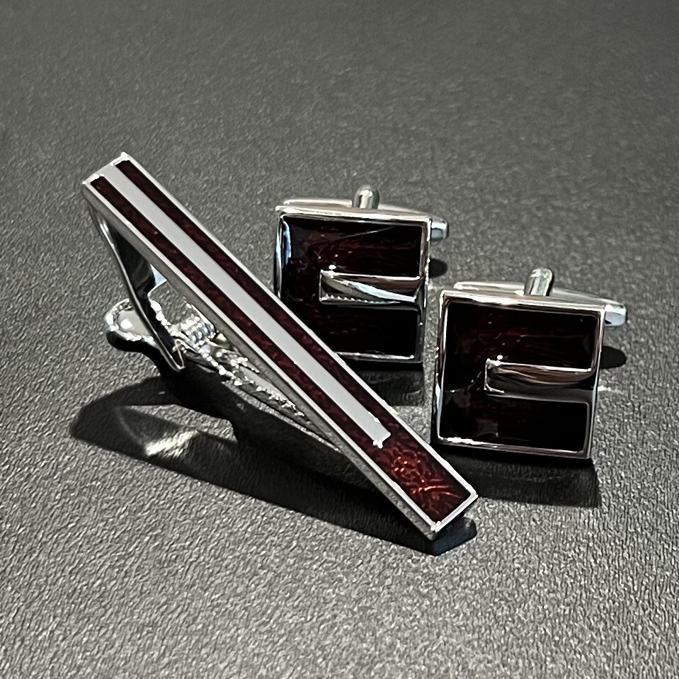 Burgundy Cufflinks And Tie Clip Set Men Birthday Wedding Gift Tie Bar With Box