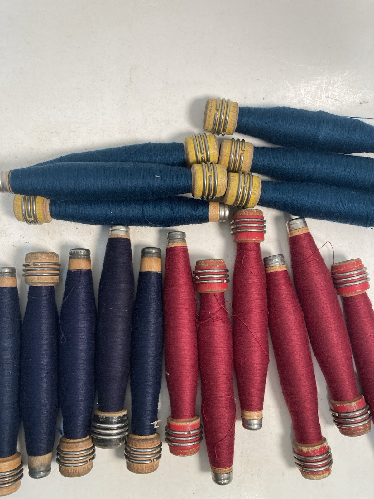 Wood Quills Wrapped Bobbins, Spools, Wooden Threaded, Textile, lot of 18: