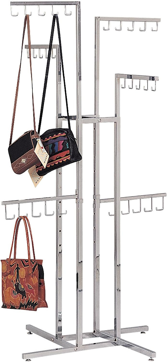 Handbag Purse Display Rack Chrome 4-Way w 30 J-Hooks Adjustable 48" - 72" Silver