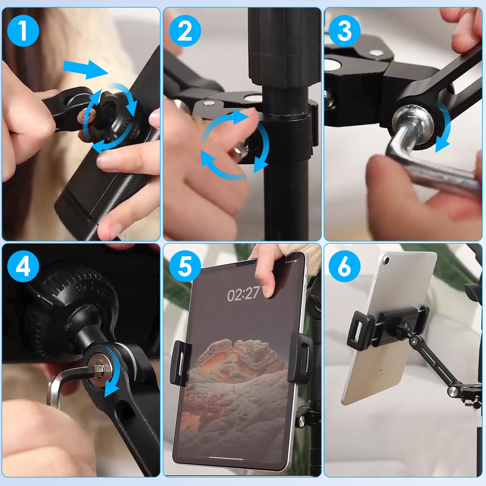 Mic Stand Tablet Holder Mount for 4.7–12.9" iPad iPhone Aluminum Adjustable