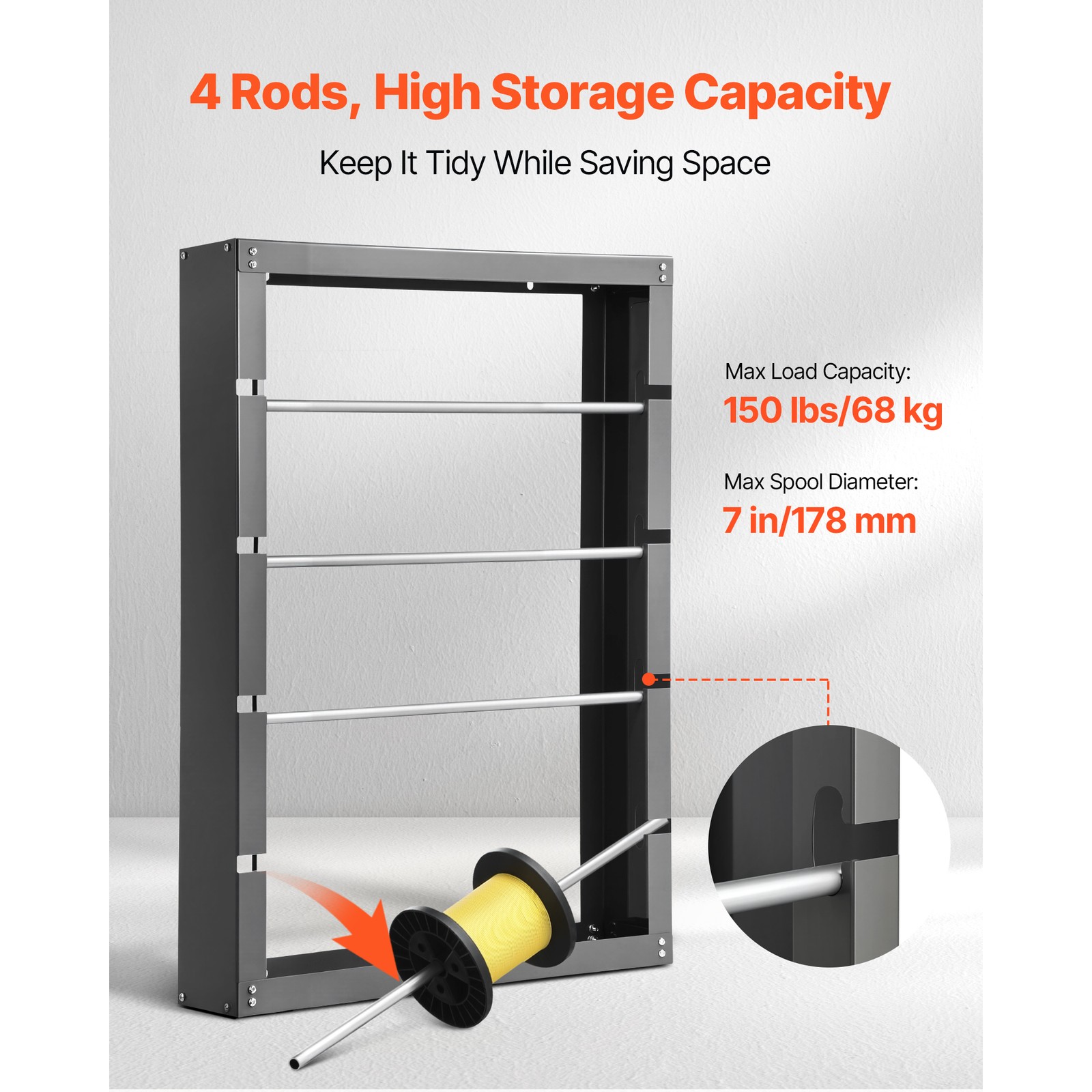 Wire Spool Rack 4 Adjustable Rods Spool Holder Wall Mounted 150 lbs Capacity