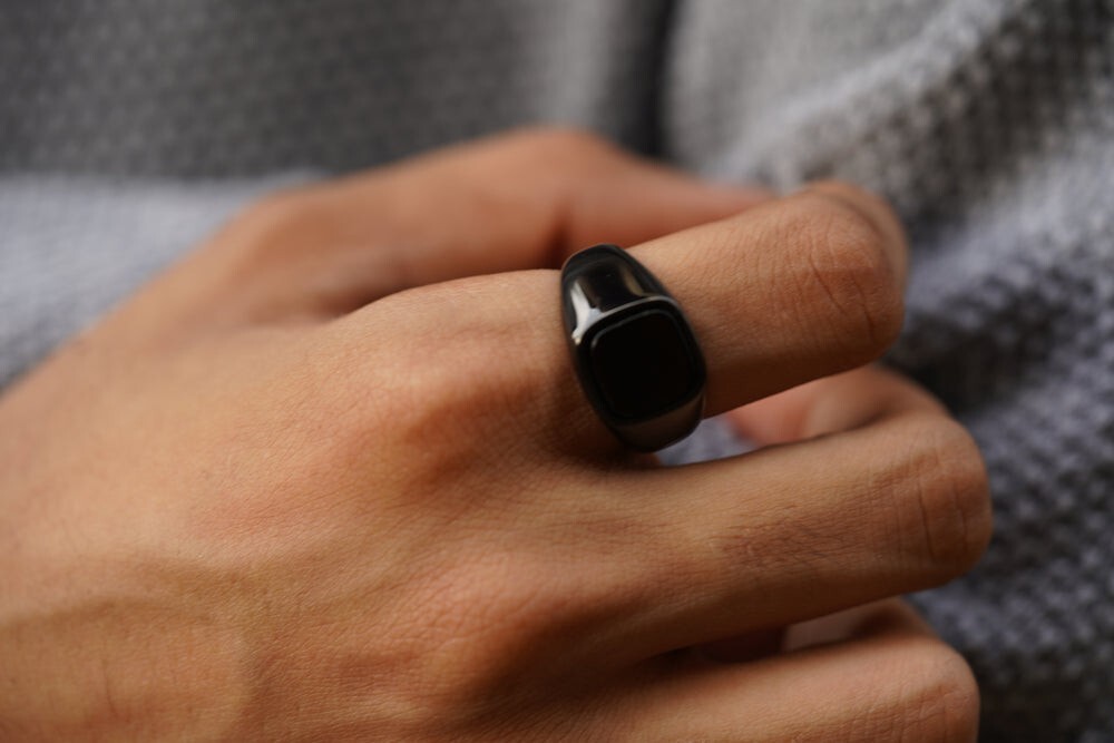 Cushion Black Onyx Ring in Silver or Gold Natural Gemstone Ring For Husband Mens