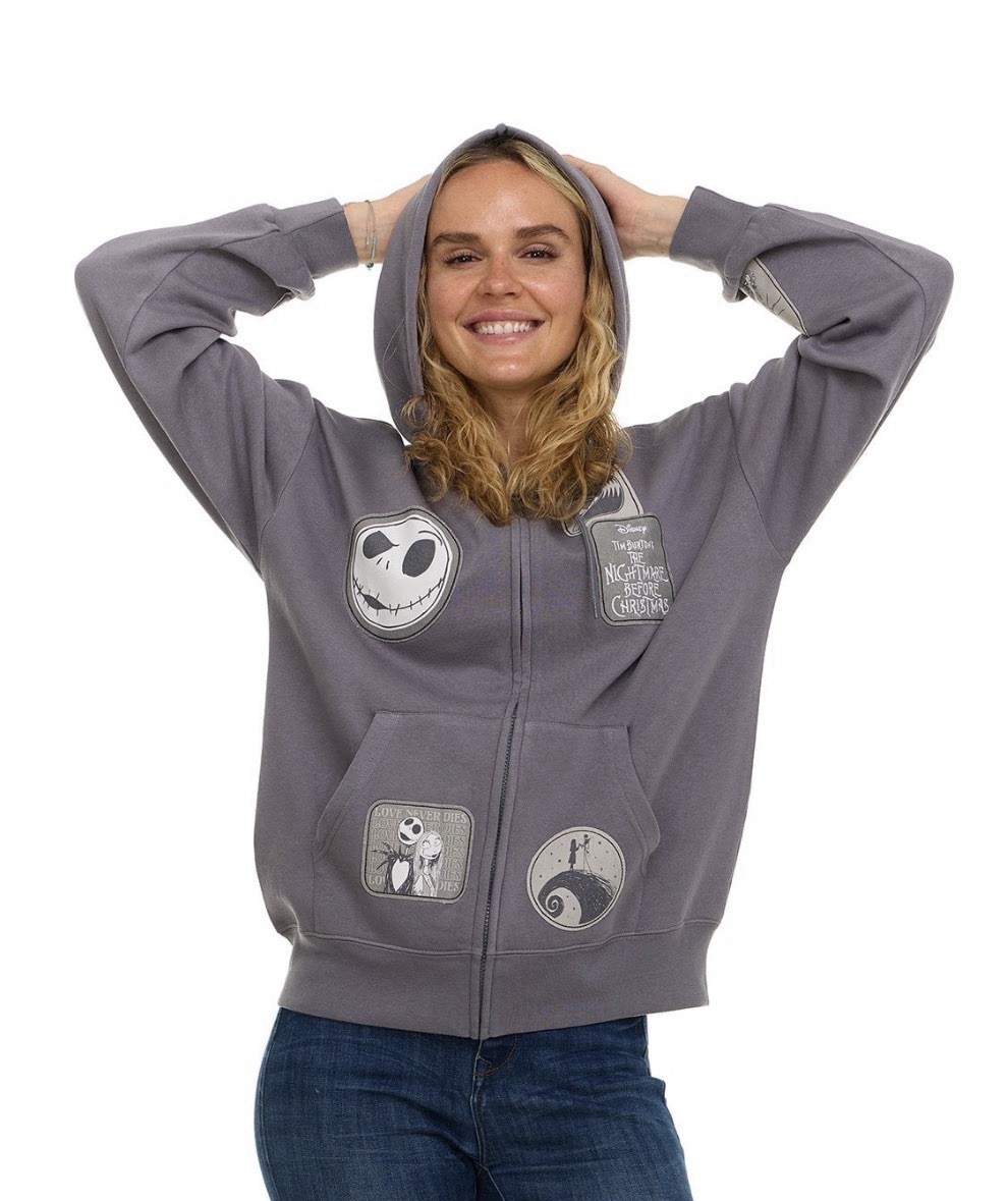 Nightmare Before Christmas Jack Sally Zip Hoodie Patch Jacket Sweatshirt L NWT