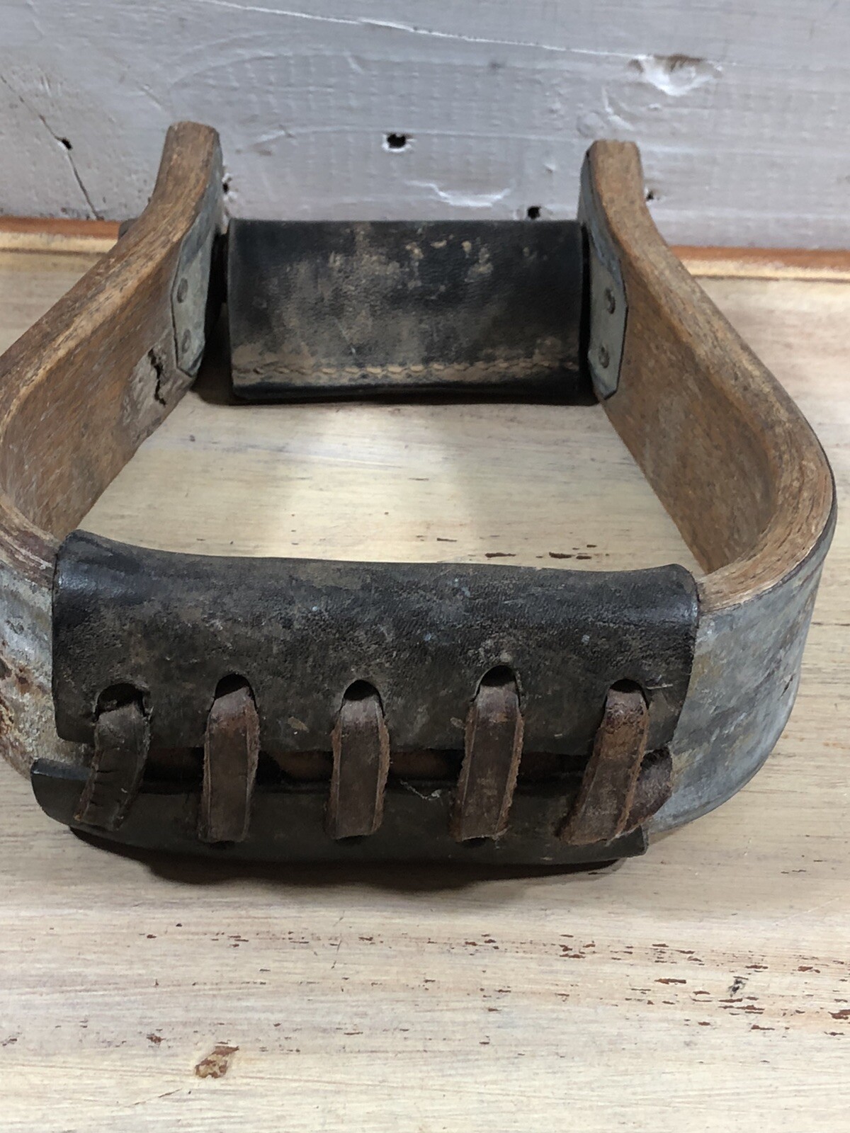 Vintage Horse Stirrup Oak W/Leather Woven Strapping Metal Tacking RUSTIC!