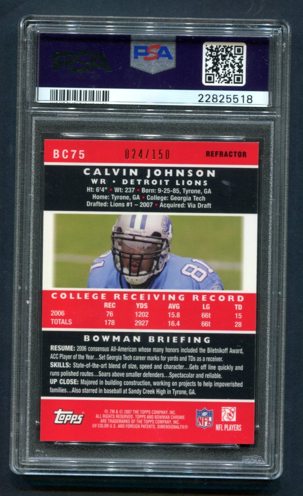 2007 Bowman Chrome Calvin Johnson Blue Refractor RC 24/150 PSA 10 GEM MINT 💎