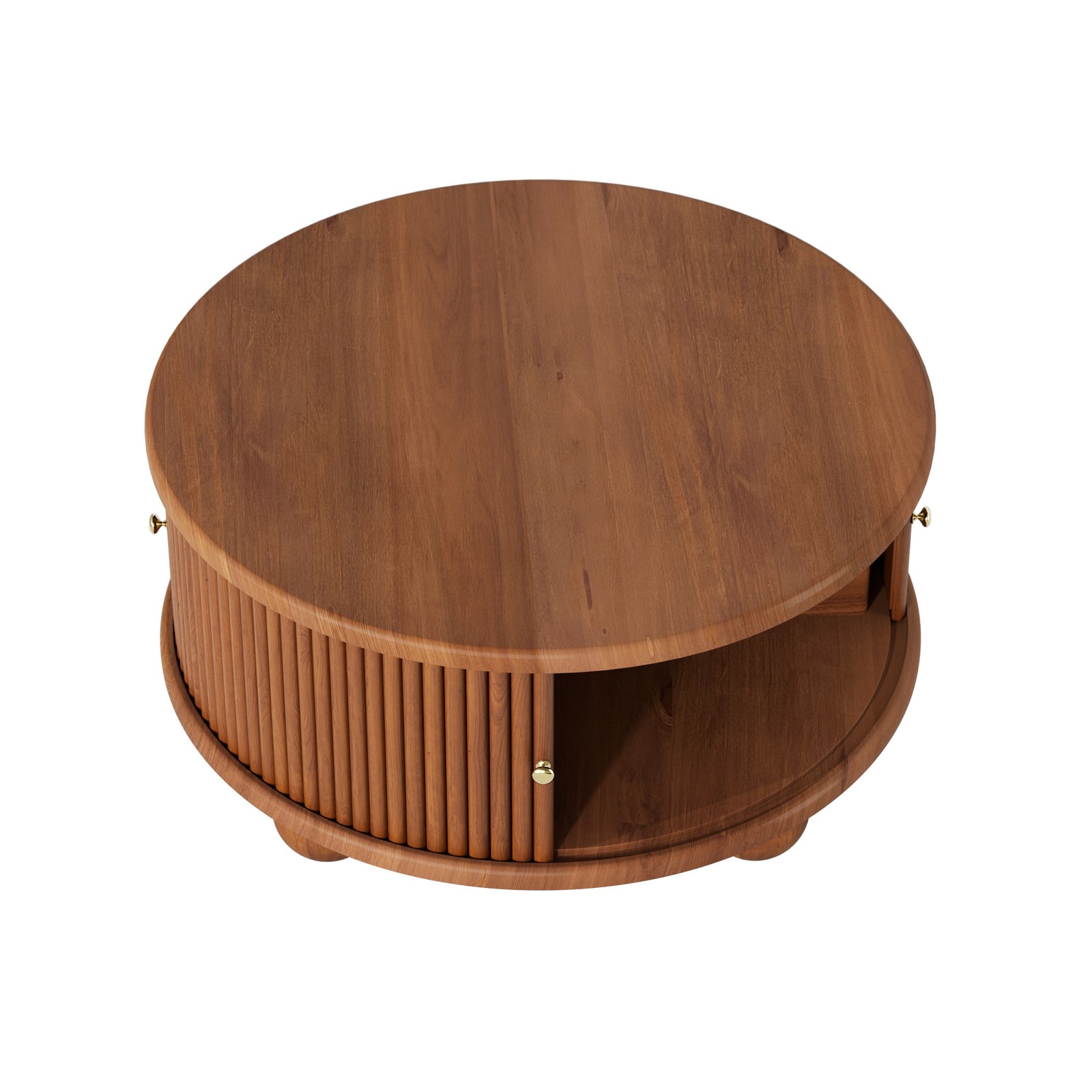Round Fluted Coffee Table with Storage Pine Solid Wood Sliding Door Walnut Color