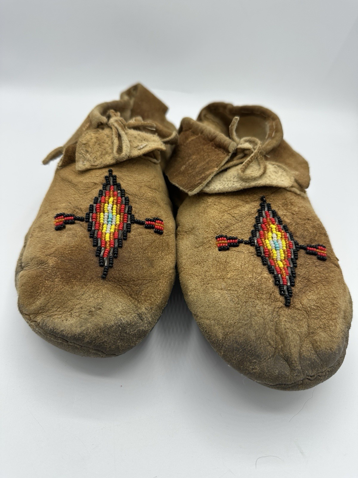 Vintage Beaded Leather Moccasins Handmade Native American Style Brown Shoes