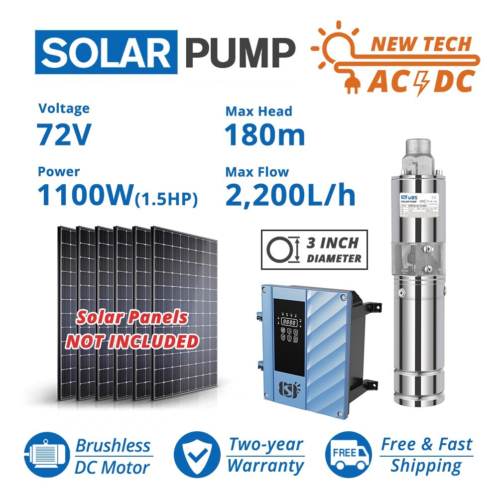[US Stock] 3" DC/AC Hybrid Solar Water Bore Well Pump 72V 1100W Submersible 180m
