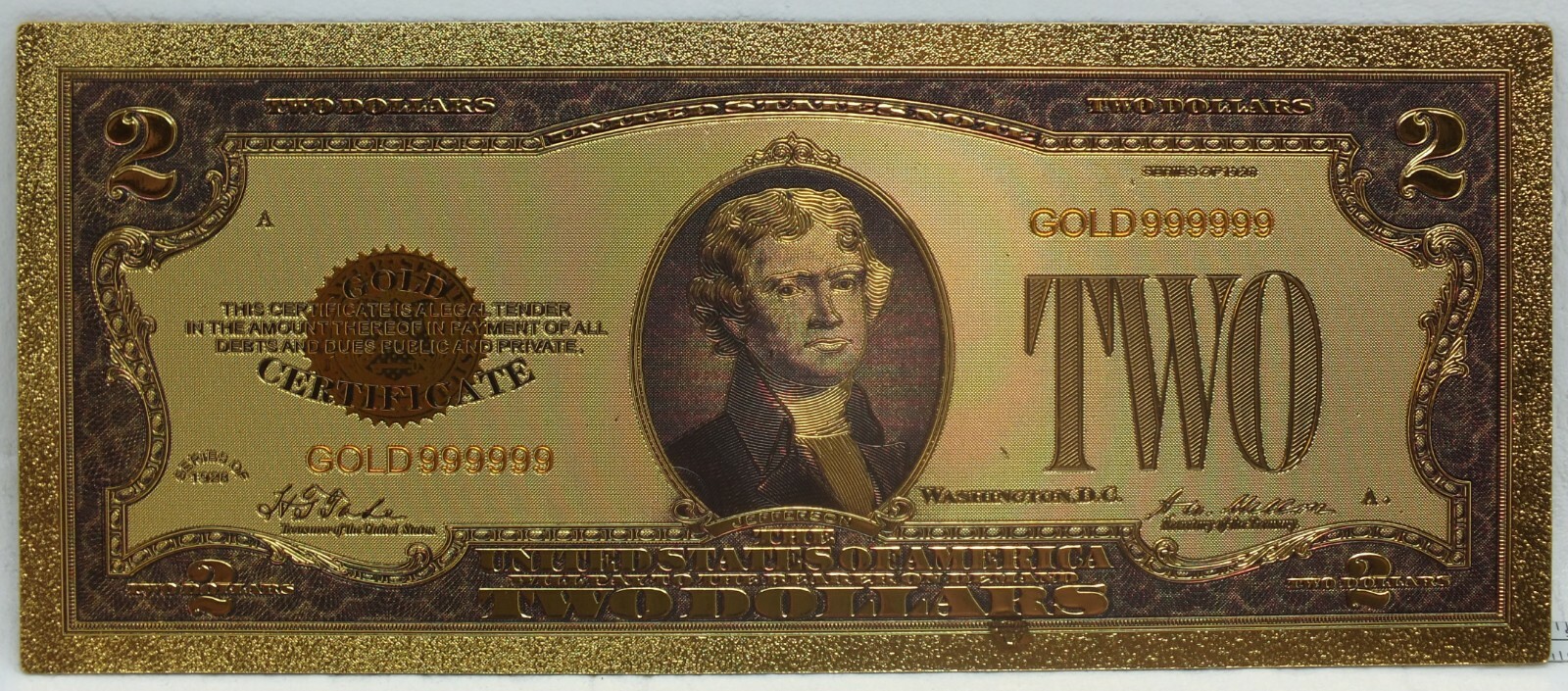 1928 $2 Red Seal Novelty 24K Gold-Plated Foil Note Bill 6" US Legal Tender GFN10