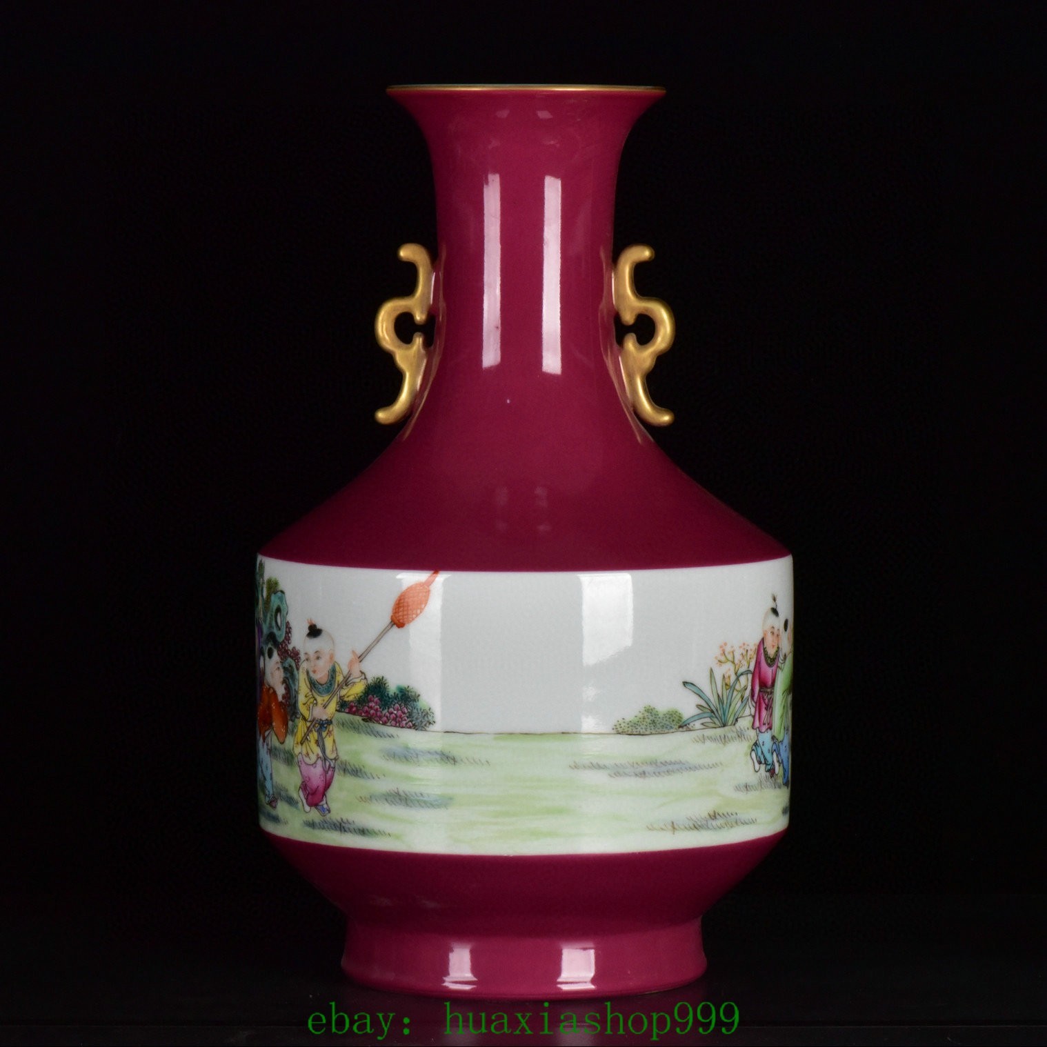 15.7"Purple Glaze Famille Rose Porcelain Gilt Tongzi Kid Boy 2 Ear Bottle Vase