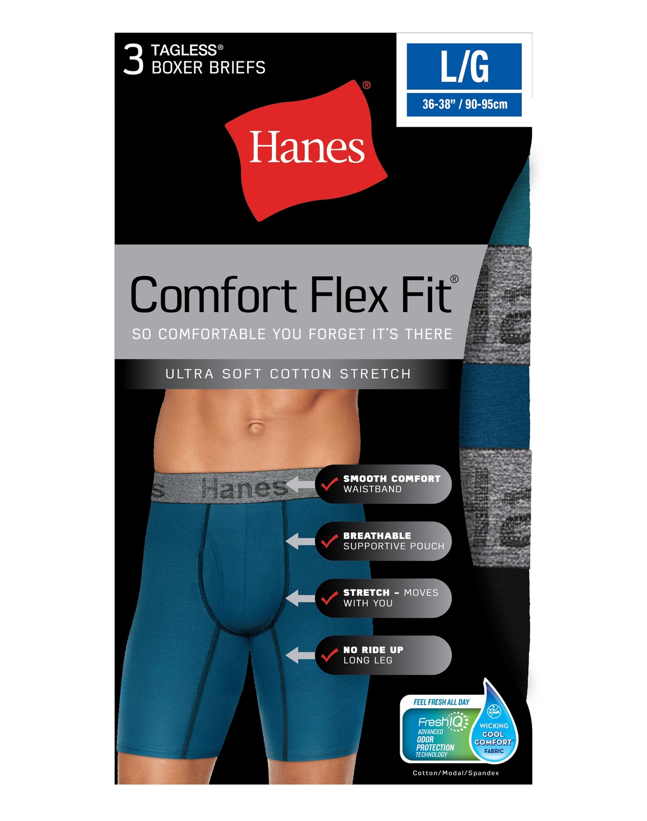 Hanes Men's Boxer Briefs 3 pack Comfort Flex Ultra Soft Cotton Stretch Long Leg