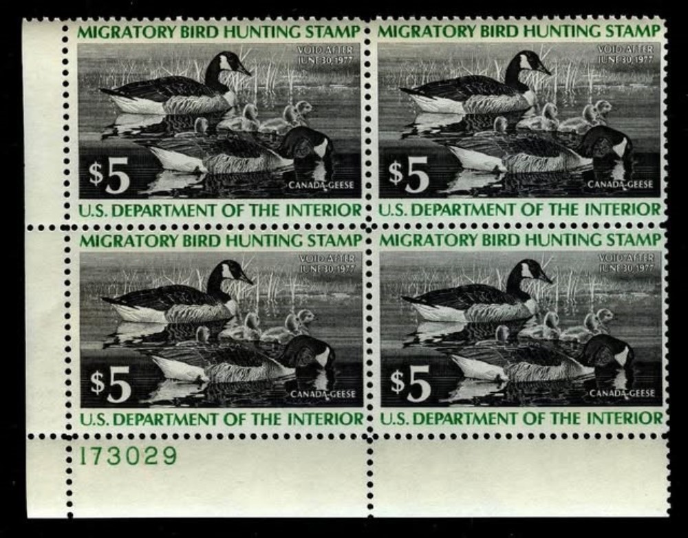 PLATE BLOCK 4 - #RW43 $5 Canada Goose -- VF+ og NH -- face$20 - sell 60%FV