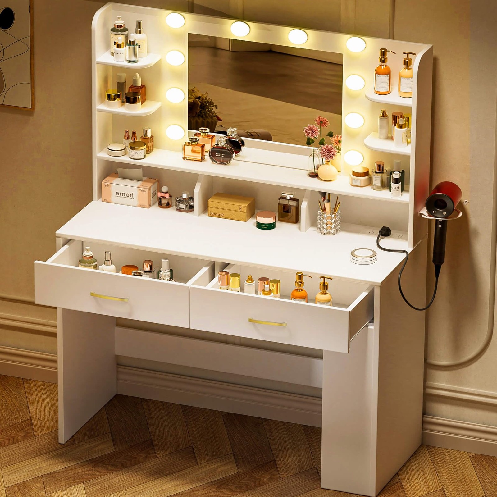 Vanity Desk with Lighted Mirror and Power Outlet, RGB LED Lights Makeup Vanit...