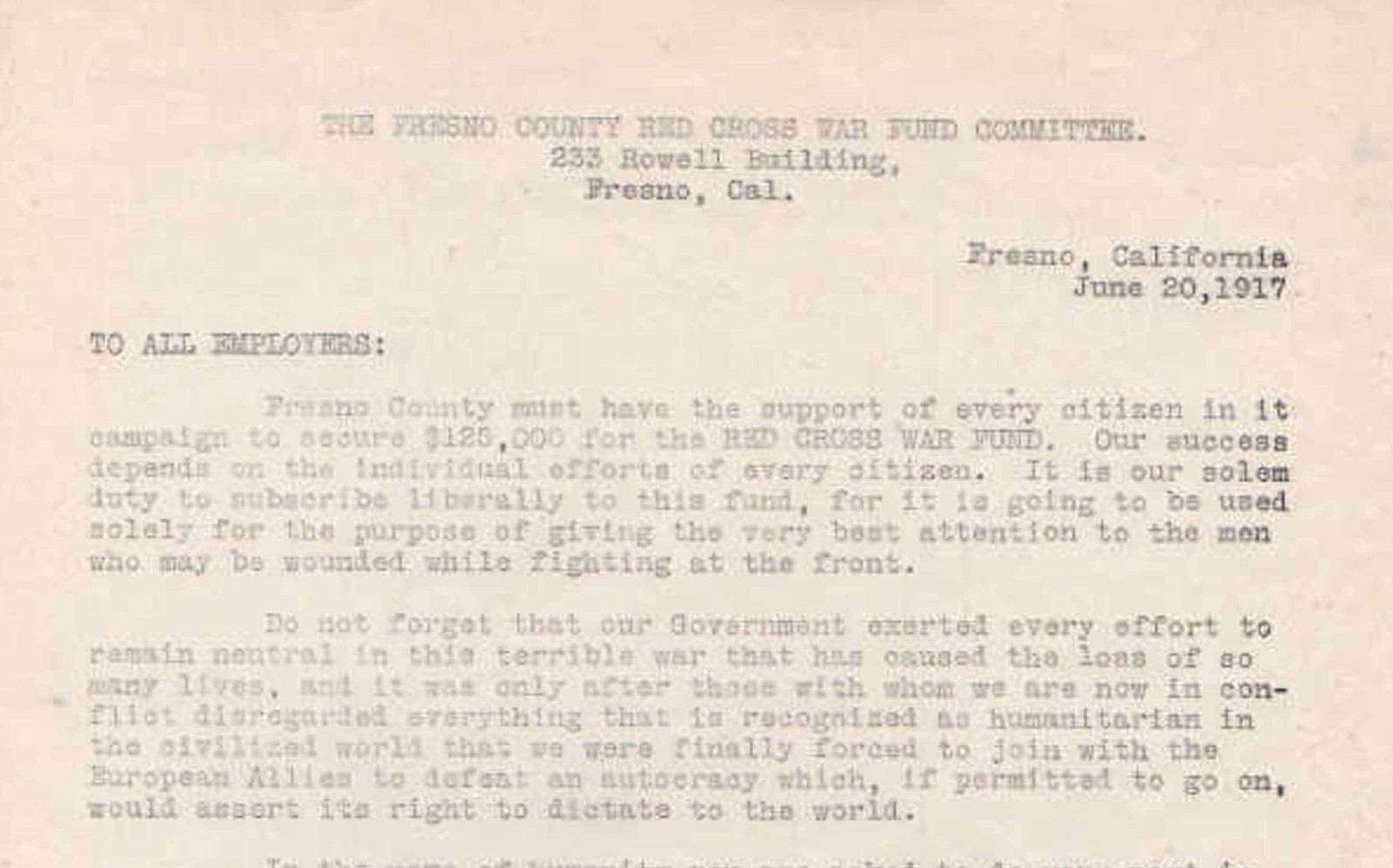 WWI 1917-19 FRESNO COUNTY WAR FUND COMMITTEE LETTER +WAR WORK CAMPAIGN DOCS