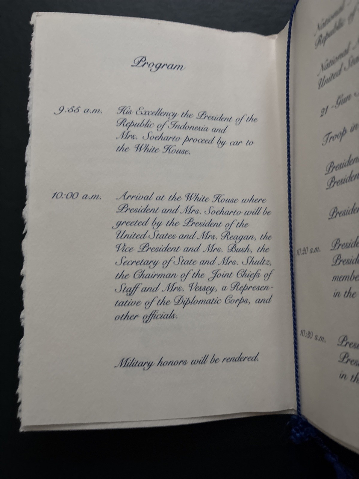 1982 Ronald Reagan White House Arrival Ceremony Program President of Indonesia