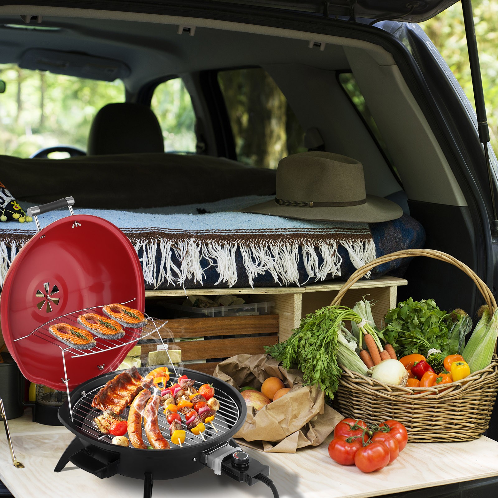 Electric BBQ Grill Red 1600W In/Outdoor Garden Party with Double Layer Design